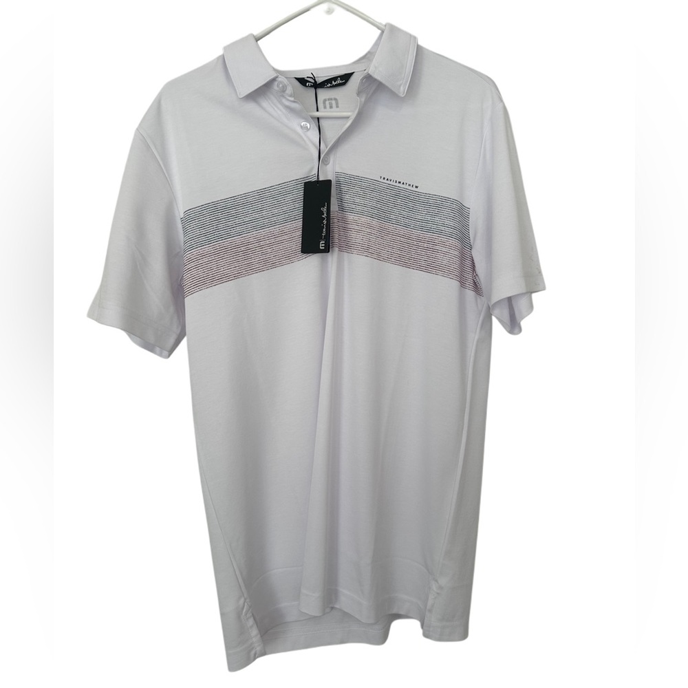 NWT Travis Mathew White Polo with Subtle Stripes